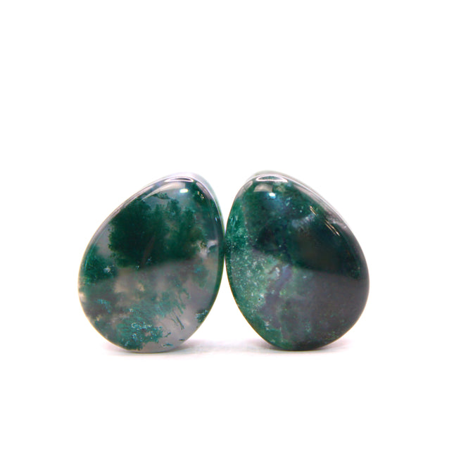 Moss Agate Stone Tear Drop Plugs Double Flare Pair Green Natural Gauges 6mm-16mm