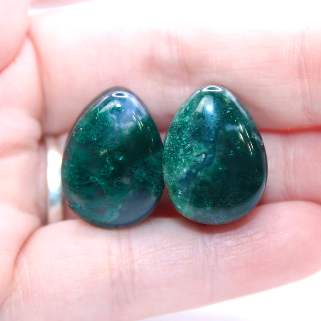 Moss Agate Stone Tear Drop Plugs Double Flare Pair Green Natural Gauges 6mm-16mm