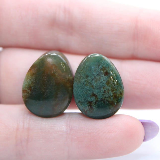 Moss Agate Stone Tear Drop Plugs Double Flare Pair Green Natural Gauges 6mm-16mm