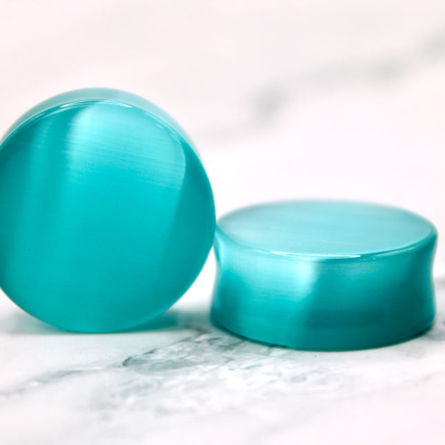 Blue Cat's Eye Glass Plugs Double Flare Pair - EC Plugs