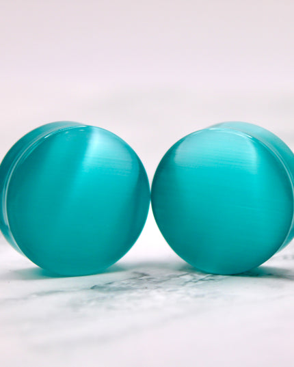 Blue Cat's Eye Glass Plugs Double Flare Pair - EC Plugs