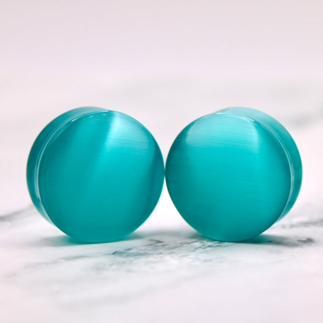 Blue Cat's Eye Glass Plugs Double Flare Pair - EC Plugs