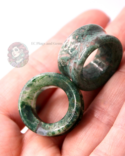 Moss Agate Double Flare Grade A Tunnel Plugs - Pair of Mossy Appearance Natural Gauges 