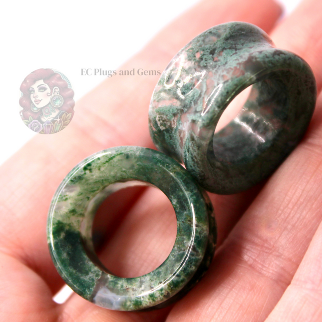 Moss Agate Double Flare Grade A Tunnel Plugs - Pair of Mossy Appearance Natural Gauges 