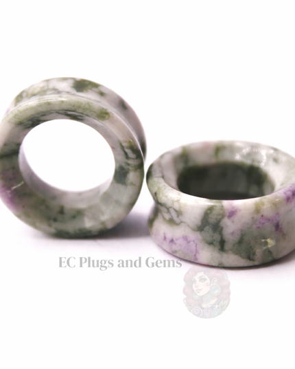 Peace Jade Tunnel Plugs - Soft Green and Lavender Marbled Stone Eyelet Gauges 6mm-25mm