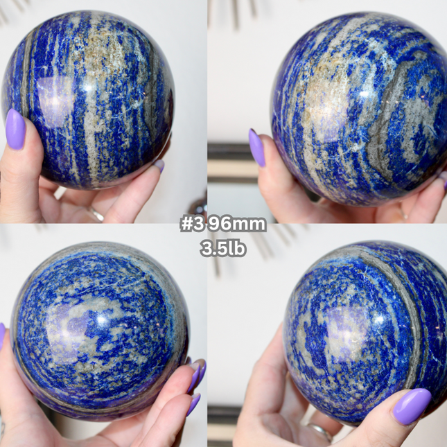 Collage of a blue marbled sphere held by a hand with purple nail polish.