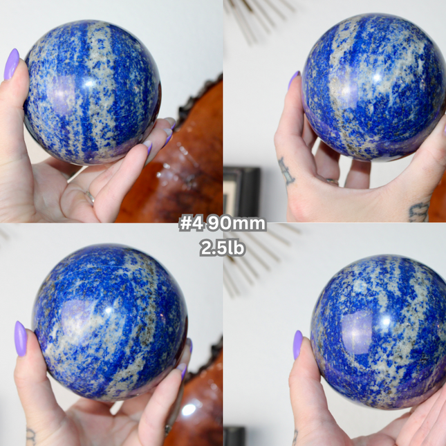 Collage of a blue and white marbled sphere held by a hand, with measurements displayed.