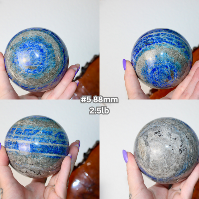 Four images of a blue and gray marbled sphere held by a hand, with measurements displayed.