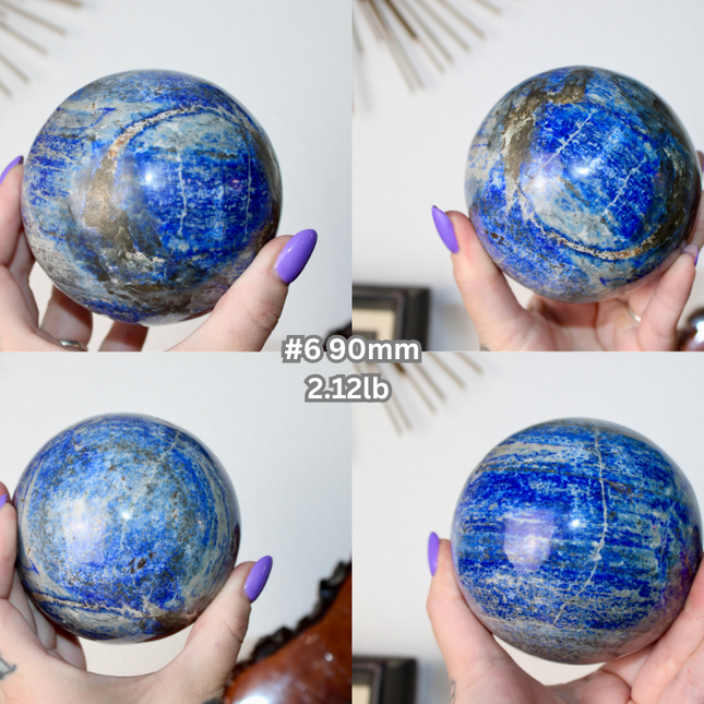 Four images of a blue stone sphere held by a person with purple nail polish, showing different angles.