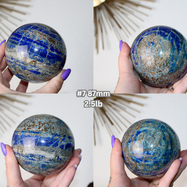 Collage of a person holding a blue crystal ball with measurements and weight displayed.