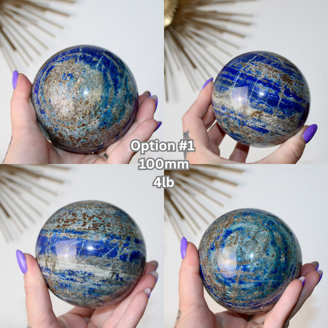 Four views of a lapis lazuli crystal sphere held by a person with purple nail polish.