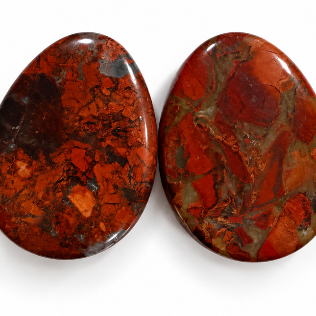 Two polished teardrop-shaped gemstone cabochons with rich red, orange, and brown jasper patterns, displayed side-by-side on a clean white background.