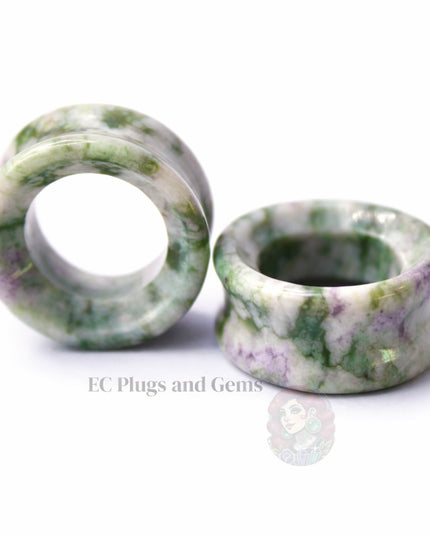 Peace Jade Tunnel Plugs - Soft Green and Lavender Marbled Stone Eyelet Gauges 6mm-25mm
