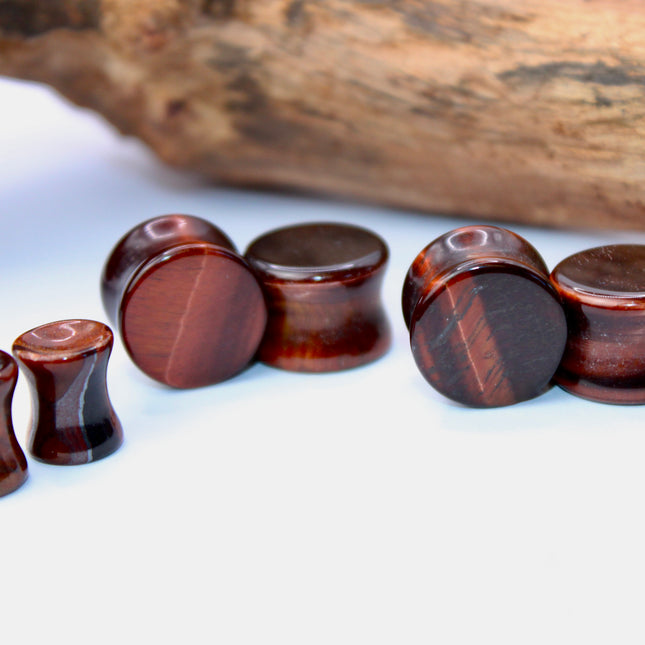 Red Tiger Eye Double Flare Stone Plugs Pair Red and Black