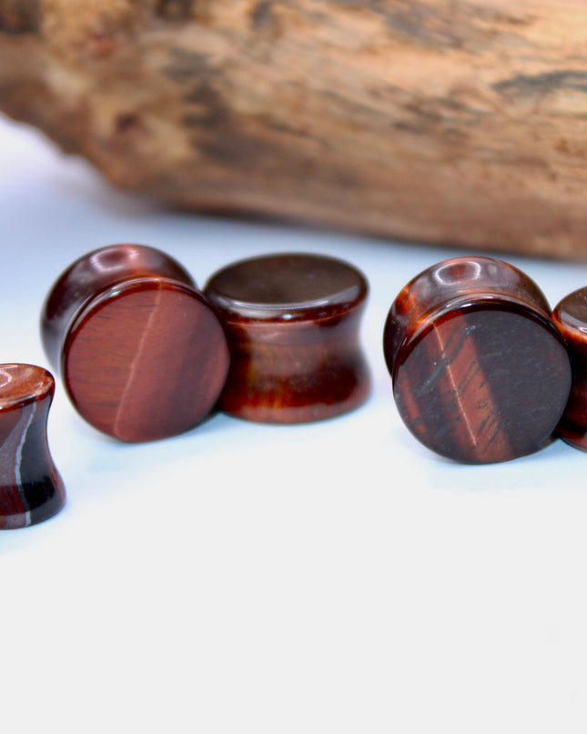 Red Tiger Eye Double Flare Stone Plugs Pair Red and Black