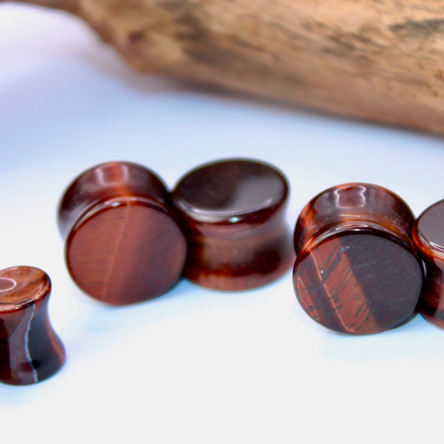 Red Tiger Eye Double Flare Stone Plugs Pair Red and Silver Gauges 3mm-25mm