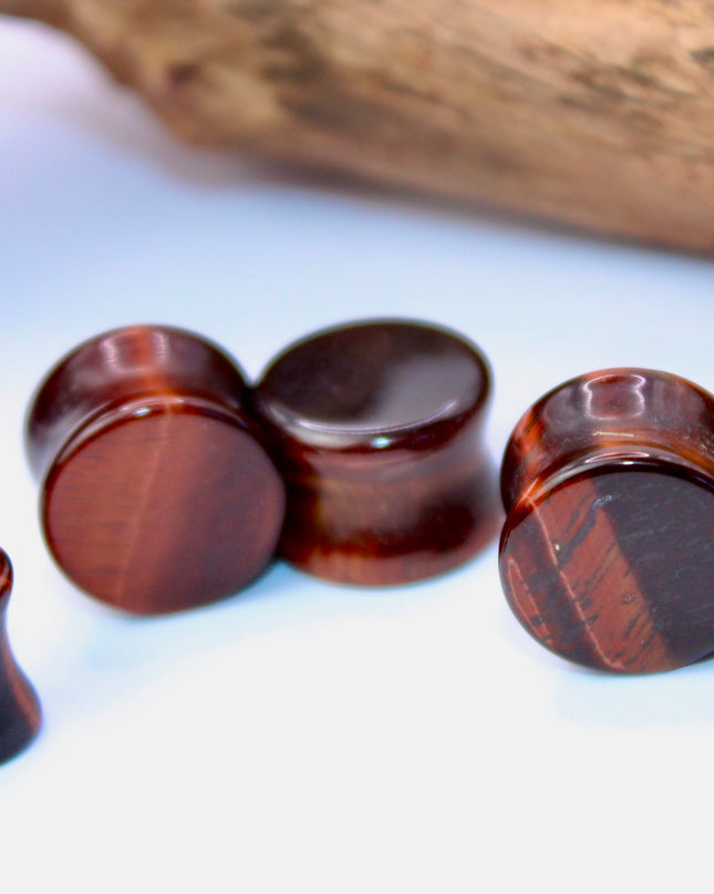 Red Tiger Eye Double Flare Stone Plugs Pair Red and Black