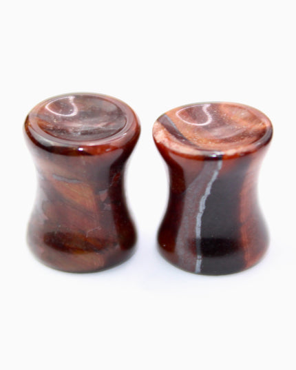 Red Tiger Eye Double Flare Stone Plugs Pair Red and Black