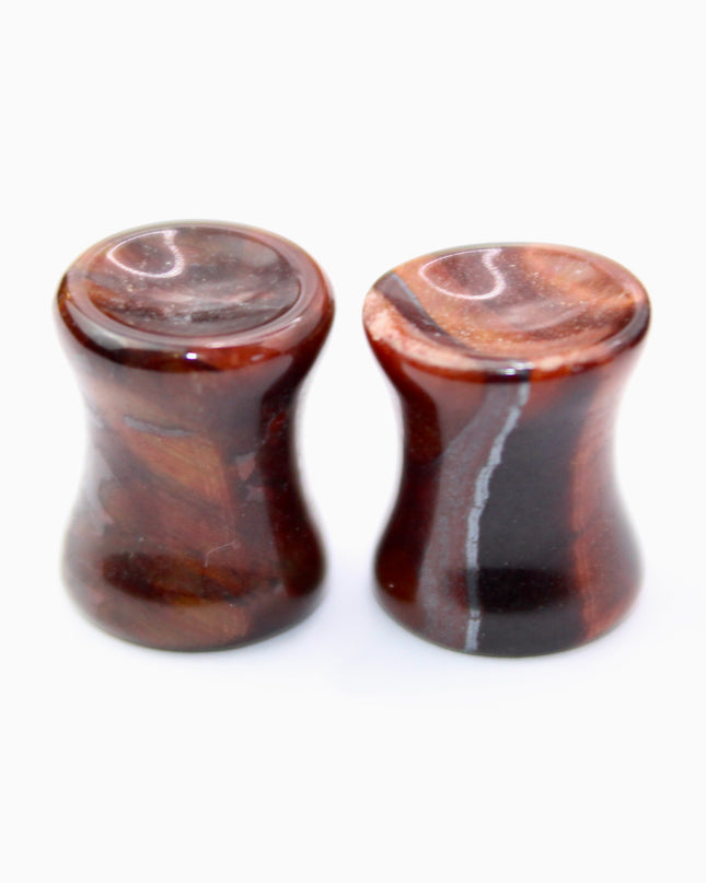 Red Tiger Eye Double Flare Stone Plugs Pair Red and Black