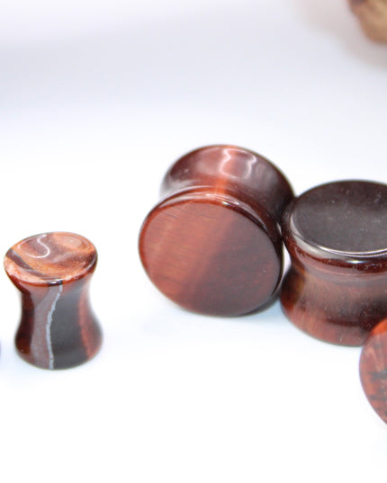 Red Tiger Eye Double Flare Stone Plugs Pair Red and Black