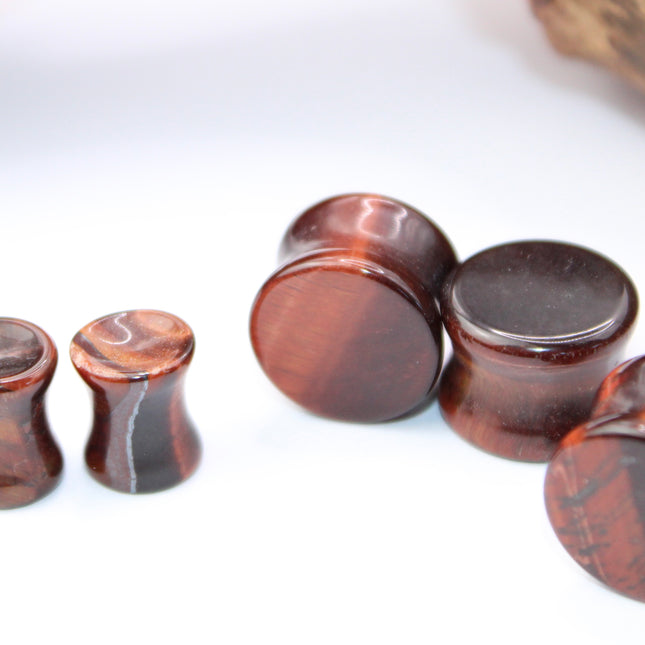 Red Tiger Eye Double Flare Stone Plugs Pair Red and Black
