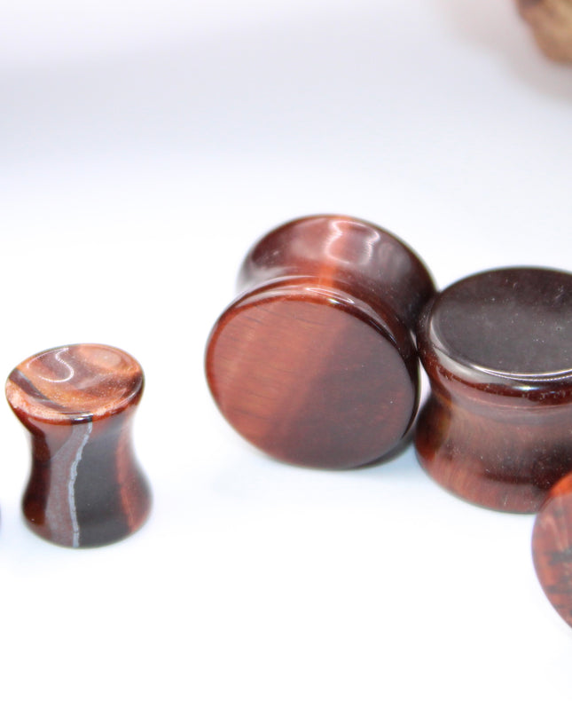 Red Tiger Eye Double Flare Stone Plugs Pair Red and Black
