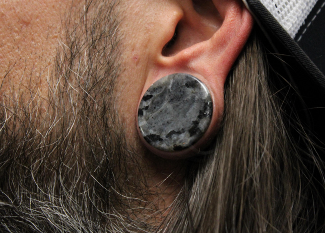 Black Labradorite Larvikite Stone Plugs Double Flare Pair - Moon Surface Gauge Black and Gray 3mm-25mm