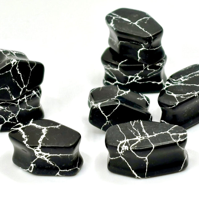 Zebra Marble Coffin Plugs - Halloween Double Flare Stone Gauges Pair 8mm-20mm