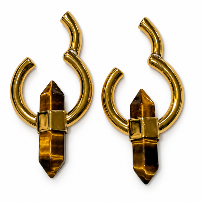 Tiger Eye Steel Hoop Style Ear Weights – Stone Hoop Earrings for Stretched Ears