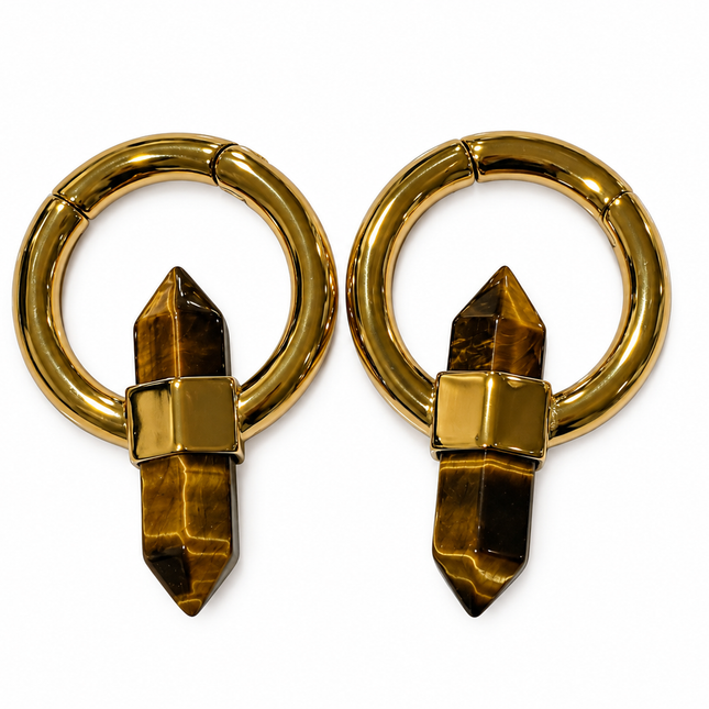 Tiger Eye Steel Hoop Style Ear Weights – Stone Hoop Earrings for Stretched Ears