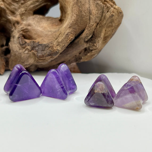 Amethyst Stone Triangle Plugs Double Flare Purple Pair of Gauges 5mm-12mm