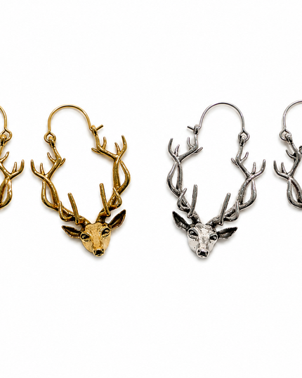 Three pairs of deer head hoop earrings displayed side-by-side in gold, silver, and two-tone silver and gold finishes, set against a plain white background.
