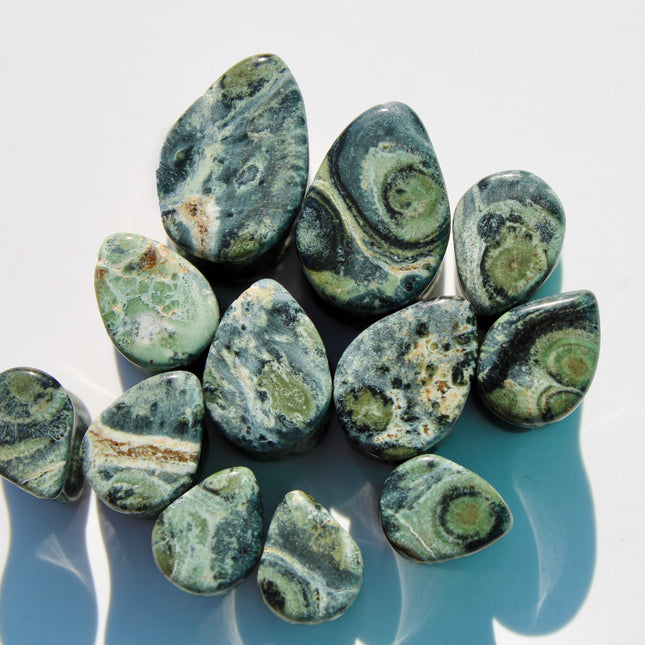 A captivating pair of Green Eye Jasper Teardrop Plugs rests gracefully on a natural backdrop. Each plug is carved into a smooth teardrop shape, showcasing earthy green tones swirled with intricate patterns of dark forest, moss, and soft olive hues. Subtle circular “eye” formations appear in the stone’s natural marbling, giving each piece a mysterious and organic feel. The polished surface enhances the depth and detail of the stone, while the teardrop shape offers a unique fit and bold silhouette.