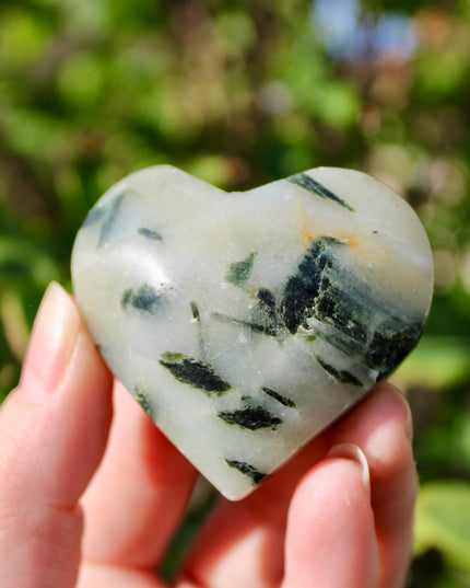 Green Tourmaline in Quartz Crystal Hearts – 2.5 Inch Polished Stone Heart Carvings with Natural Green Inclusions