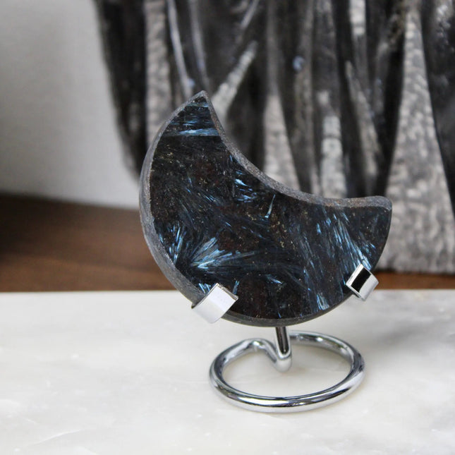 Astrophyllite Moon on Metal Stand – Firework Crystal Display Piece, Rare Stone Carving for Celestial Home or Office Decor