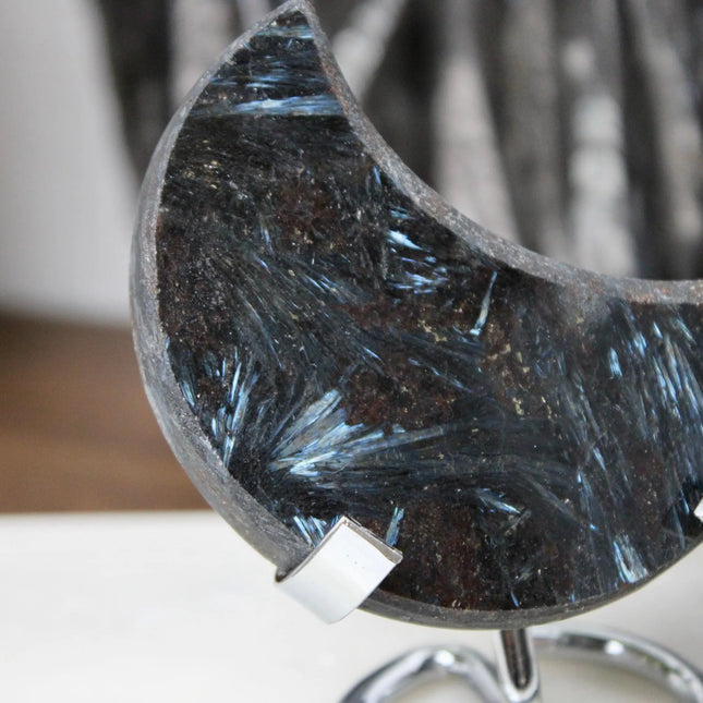 Astrophyllite Moon on Metal Stand – Firework Crystal Display Piece, Rare Stone Carving for Celestial Home or Office Decor