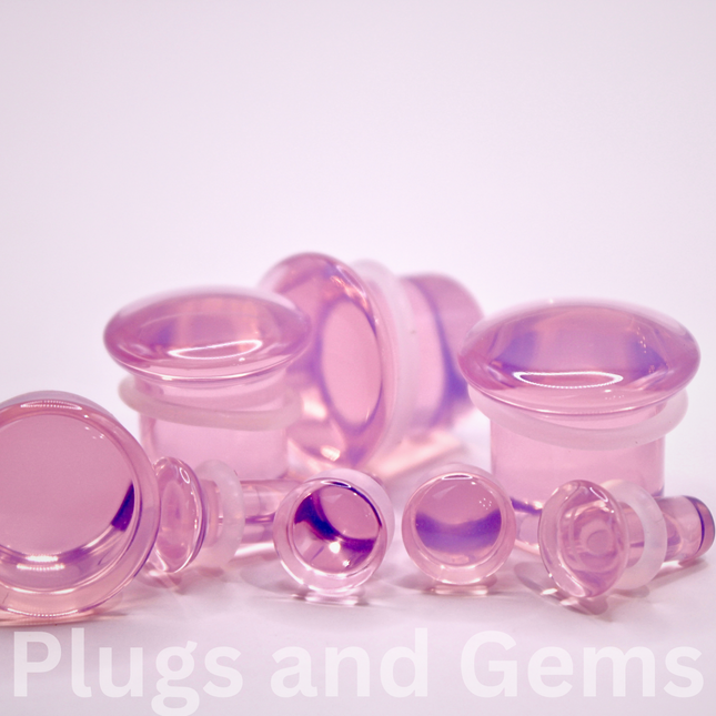 Pink Opalite Plugs – Single Flare Crystal Gauges with O-Rings (Pair), Soft Pink 3mm-20mm