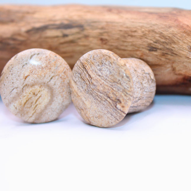 A beautifully earthy pair of Sandstone Single Flare Plugs rests on a soft, sunlit background. Each plug features warm tones of tan, ochre, and rusty red, with natural banding and subtle grain-like textures that resemble ancient desert landscapes or canyon walls. The surface is gently polished, revealing the stone’s organic patterns while maintaining its matte, grounded feel. Designed with a single flare and paired with secure O-rings, these plugs offer comfort and style with a raw, natural edge.