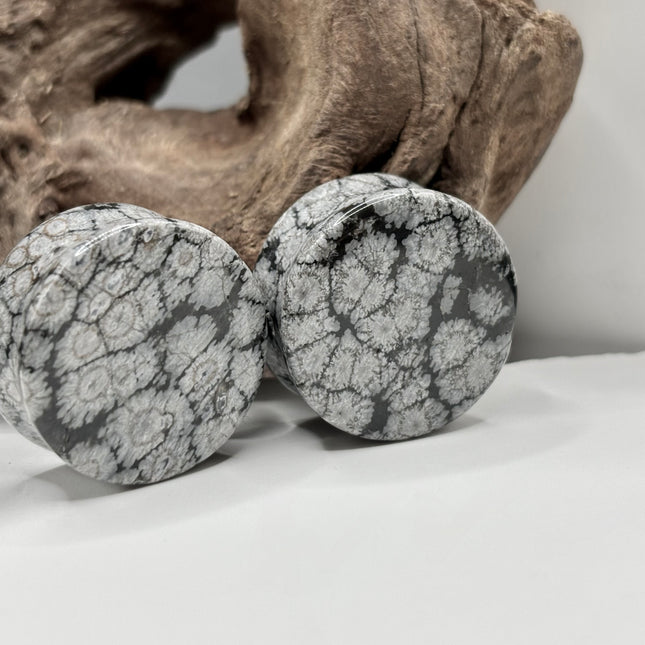 These Snowflake Obsidian Double Flared Plugs feature a smooth, polished surface with natural gray-white crystal "snowflakes" scattered across a rich black volcanic glass base. The double flare ensures a secure, comfortable fit for stretched ears without the need for O-rings. Each pair is uniquely patterned, showcasing the stone’s natural beauty and grounding energy. Durable and stylish, these plugs add a bold yet refined touch to any stretched ear jewelry collection.